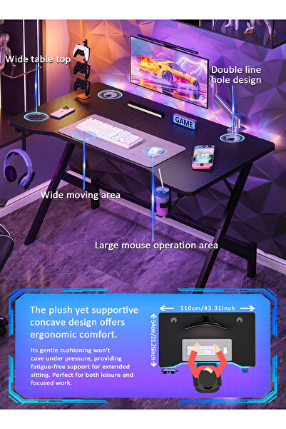 Bojasmiial Ergonomic Gaming Desk with Headphone Hook & Cup Holder, Easy Assembly for Gamers & Students