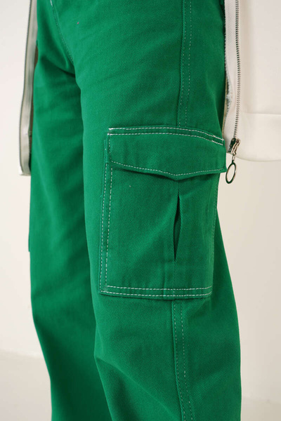 KOTOLOG Unisex Green White Stitched Wide Leg Pants Baggy Regular Fit Jogger Cargo Pocket Jeans