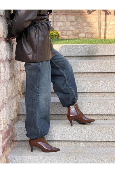 ESSO LA MİA Mella Short Heel Women's _ Short Boots Zipper Brown Patent Leather