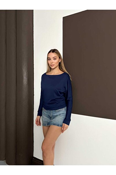 The Robi Women's Navy Blue Boat Neck Batwing Sleeve Blouse