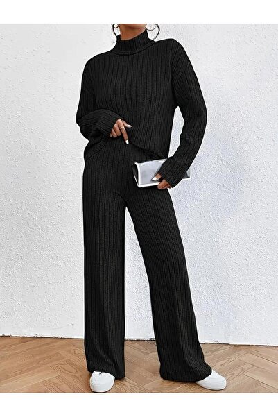 mor butik Black Turtleneck High Waist Loose Palazzo Pants Two-Piece Set Daily Comfortable Knitted Knitwear