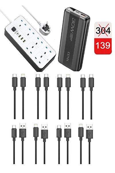 powermax 5-meter power cord + DENX 20000 mAh power bank + 4 USB - 4 Type-C charging cables