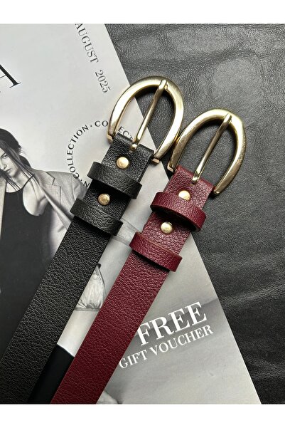 LİA KEMER 2-Pack Lust Classic Patterned Women's Gold Buckle Belt Jacket Belt Dress Belt Trouser Belt