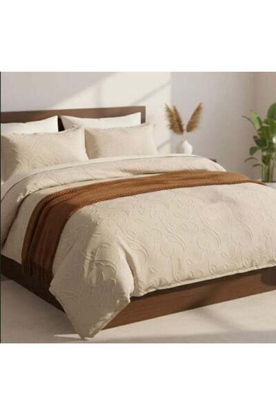 DREAM FASHION طقم غطاء لحاف فاخر منقوش من 6 قطع - كريمي بيج، منقوش بنقشة كرمة