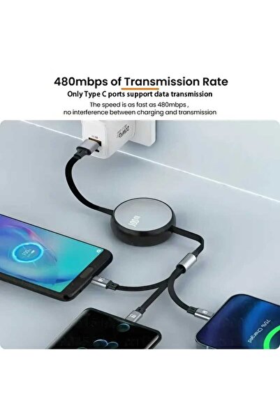 Platoon 100W (WATT) 3in1 Usb Kablosu Type-C Lightning Micro 3ü1 Arada Usb Kablosu Makara Özellikli