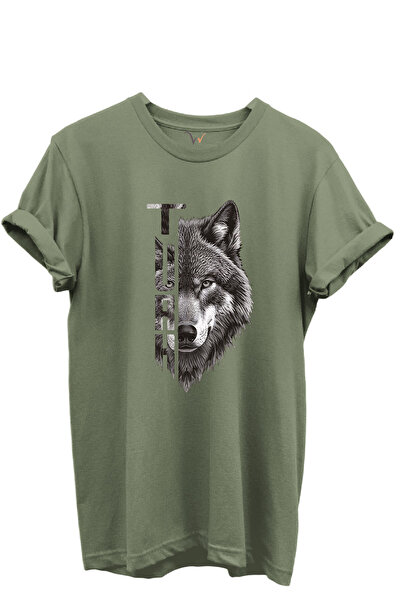 WİDİ Half Wolf Half Turkish Text Design Printed 100% Cotton T-Shirt
