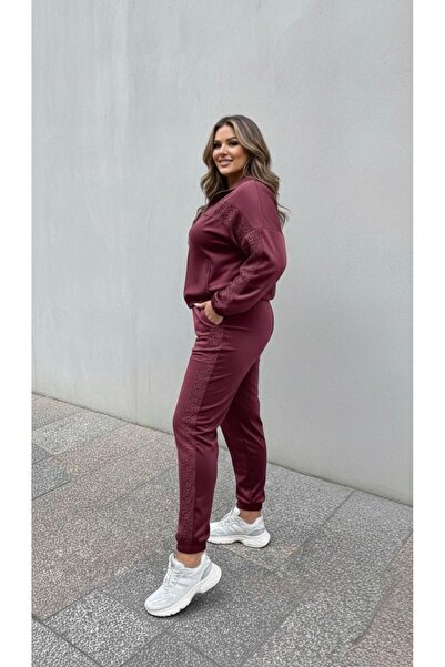 Koza Butik Women's Plus Size Guipure Detailed Zippered Scuba Tracksuit Set 8217-26