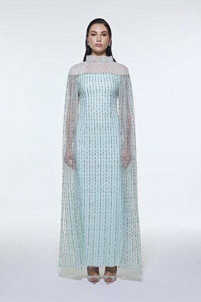CENGIZ AKTURK Dik Yaka Taş İşlemeli Tül Uzun Abiye Elbise - 9400C