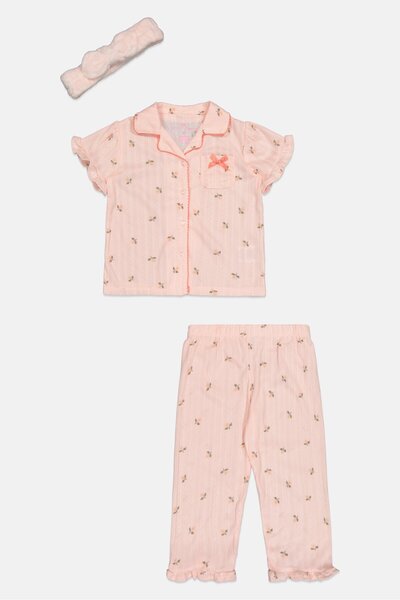 Betsey Johnson Toddlers Girl 3 Pieces Allover Print Top And Bottom Pajama Set With Headband, Pink