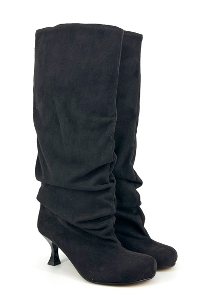 Shoebutik Γυναικείες μπότες με τακούνι Lea Black Suede με στρογγυλή μύτη