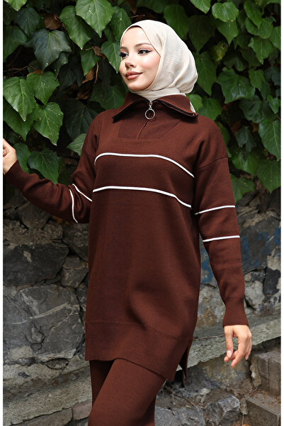 sefamerve Knitwear Zippered Tunic Trousers Double Set 1050-06 Brown