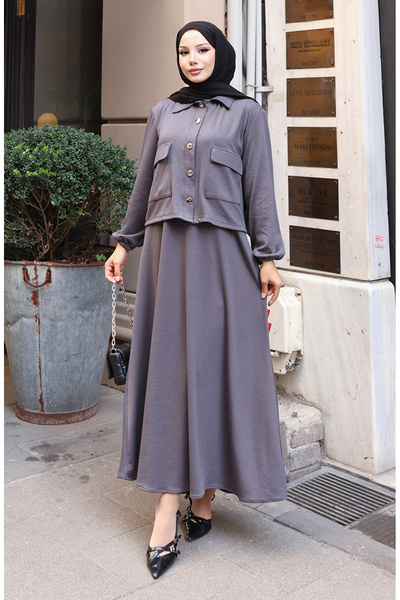 sefamerve Corded Fabric Button Jacket Dress Hijab Suit 0219-06 Anthracite