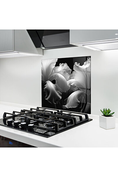 Arthub Kitchen Glass Panel, Stove Protection, Heat Resistant, Flowers, Grey Iris