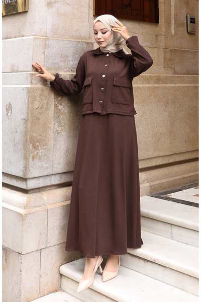 sefamerve Corded Fabric Button Jacket Dress Hijab Set 0219-01 Brown