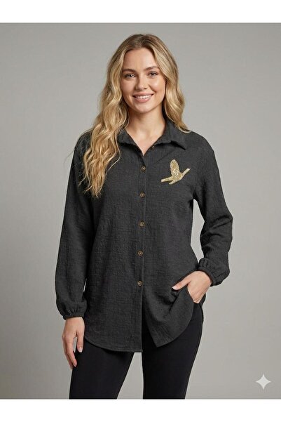 F&D Tekstil Women's Stone Embroidered Soft Textured Stretchy Shirt