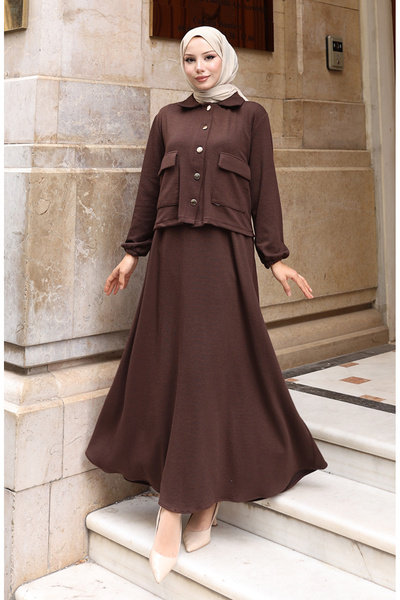 sefamerve Corded Fabric Button Jacket Dress Hijab Set 0219-01 Brown