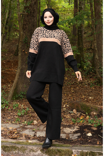 sefamerve Knitted patterned Paneled tunic pants two-piece set 1013-08 milky coffee black