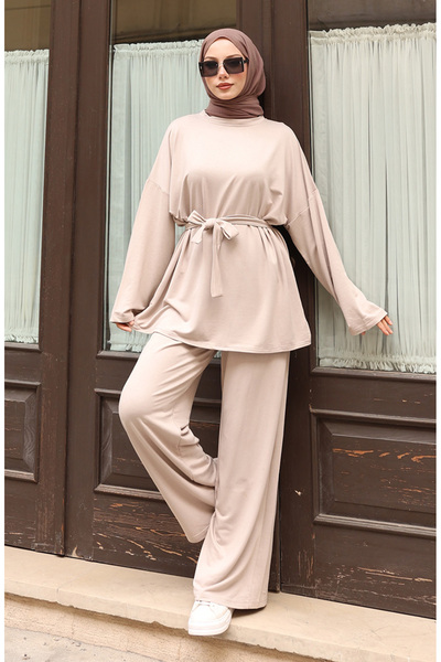 sefamerve Lace Detailed Hijab Trouser Suit 2174-03 Beige