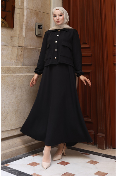 sefamerve Corded Fabric Button Jacket Dress Hijab Suit 0219-02 Black