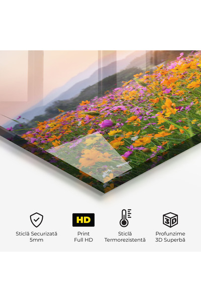 Arthub Kitchen Glass Panel, Stove Protection, Heat Resistant, Flowers, Sunset Mountain Flowerf