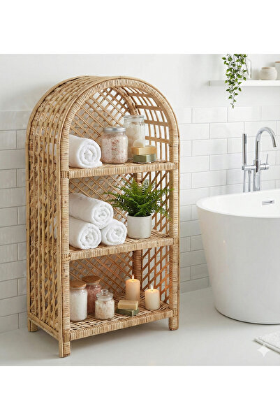Bygolden Hasır Raf Kemerli 3 Katlı Bohem Tarz Dekoratif Ahşap Raf Kitaplık Banyo Mutfak Düzenleyici Çiçeklik
