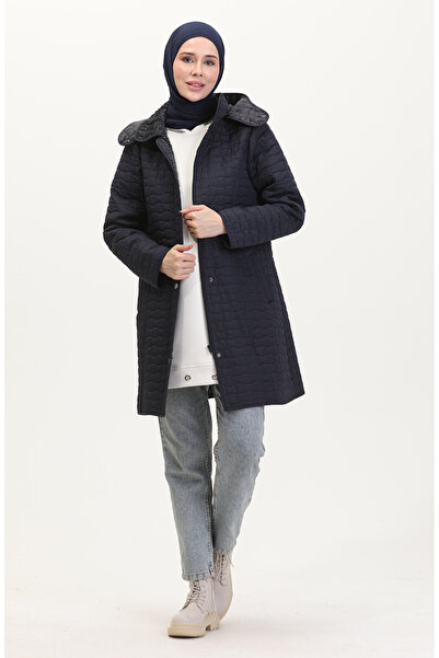 sefamerve Μεγάλο μέγεθος με κουκούλα Παλτό Καπιτονέ 6132-03 Ναυτικό Μπλε