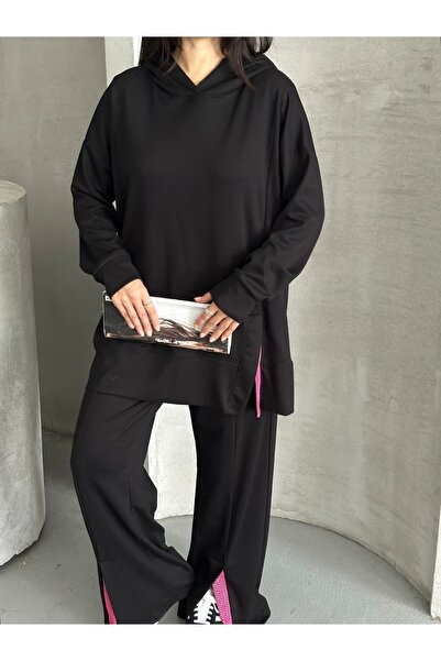 Moda İkra Women's Slit and Hoodie Bottom Top Set