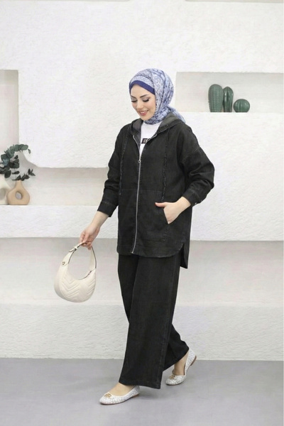 Suede Style 5398 - Comfortable Loose Thin Women's Denim K Hooded Jacket Pants Set