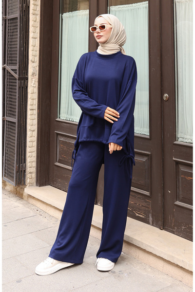 sefamerve Lace Detailed Hijab Trouser Suit 2175-01 Navy Blue