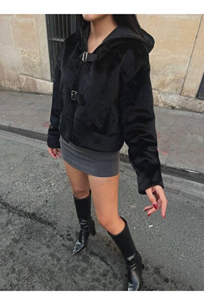 Kedi Fashion Kemer detay kapşonlu kürk