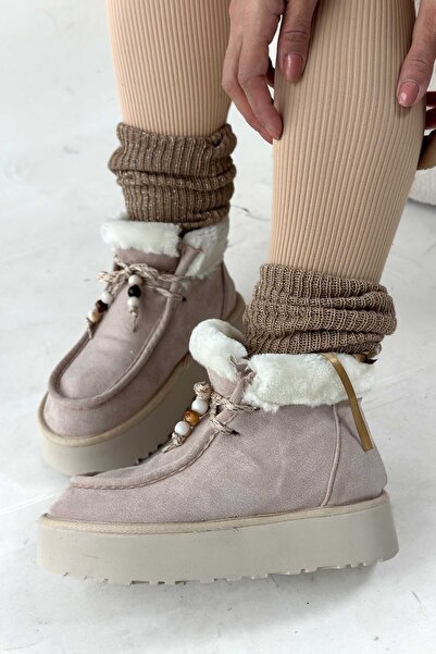 Shoebutik Juno Beige Fur Detail Beaded Lace-Up Women's Boots