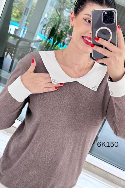İnce Topuk Collared Stone Detail Bearded Knitwear Blouse 6K150