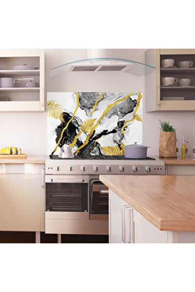Arthub Kitchen Glass Panel, Stove Protection, Heat Resistant, Flowers, Abstract Golden Leaves