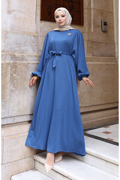 sefamerve Corded Fabric Hijab Dress with Brooch and Lace Detail 0220-06 Indigo