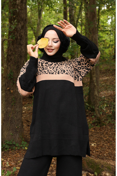 sefamerve Knitted patterned Paneled tunic pants two-piece set 1013-08 milky coffee black