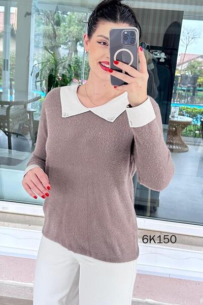 İnce Topuk Collared Stone Detail Bearded Knitwear Blouse 6K150