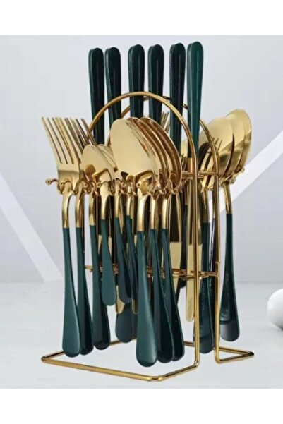 OEM 24-piece cutlery set GOLD WITH GREEN with stainless steel stand