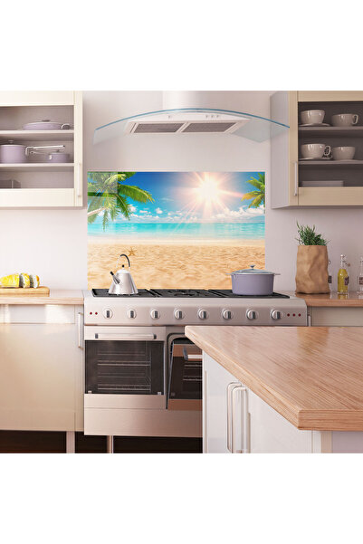 Arthub Kitchen Glass Panel, Stove Protection, Heat Resistant, Landscapes, Exotic Beach Ocean