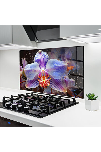 Arthub Kitchen Glass Panel, Stove Protection, Heat Resistant, Flowers, Light Purple Orchid Art