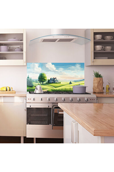Arthub Kitchen Glass Panel, Stove Protection, Heat Resistant, Landscapes, Calming Rural View