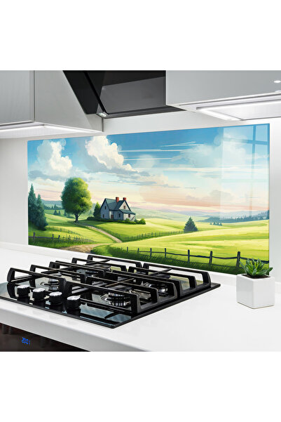 Arthub Kitchen Glass Panel, Stove Protection, Heat Resistant, Landscapes, Calming Rural View