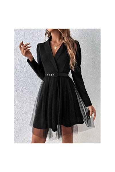 vuvutasarım Long Sleeve Jacket Collar Belt Detail Mini Tulle Imported Crepe Women's Dress 29860