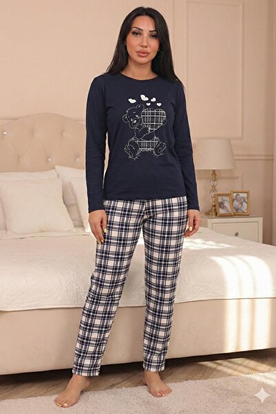 Niket Life Women's Teddy Bear Patterned Bottom Plaid Patterned Crew Neck Long Sleeve Bottom Long Combed Cotton Pajama Set