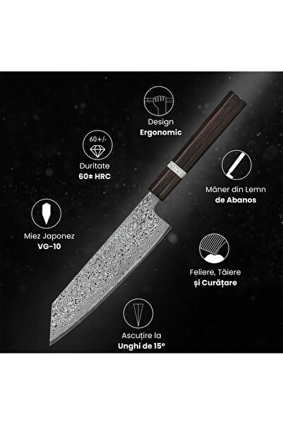 NEOSOR Kiritsuke Professional Knife, 73 Layers Damascus Steel, Ebony Handle, Manual Sharpening, Hardness 60±2HRC