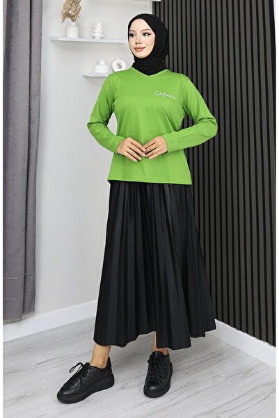 sefamerve Ψηφιακή με τύπωμα Βαμβακερή Μπλούζα 1071-03 Πράσινη