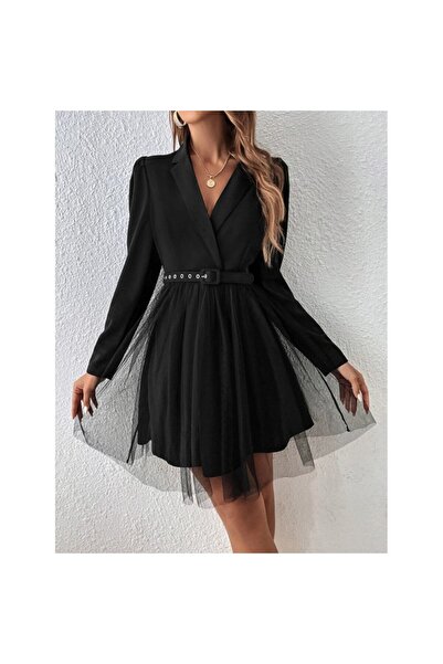 vuvutasarım Long Sleeve Jacket Collar Belt Detail Mini Tulle Imported Crepe Women's Dress 29860