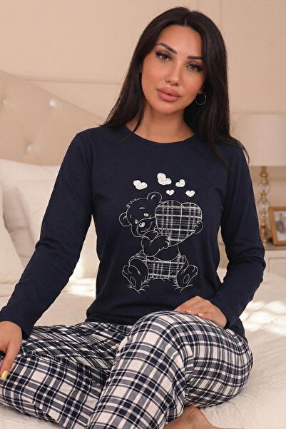 Niket Life Women's Teddy Bear Patterned Bottom Plaid Patterned Crew Neck Long Sleeve Bottom Long Combed Cotton Pajama Set