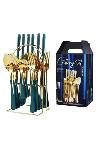 OEM 24-piece cutlery set GOLD WITH GREEN with stainless steel stand