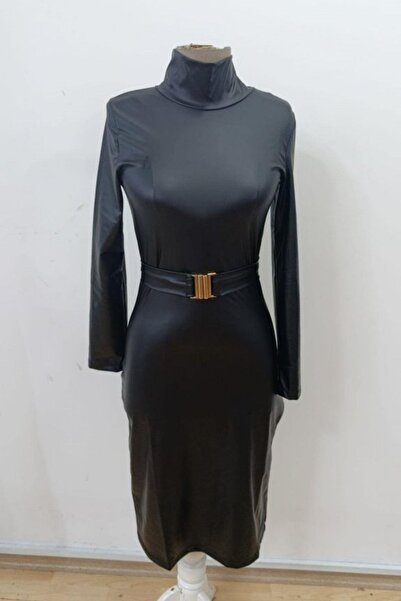 Mossta Long Sleeve Mock Neck Belt Detailed Midi Length Pencil Leather Dress - Black