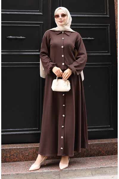 sefamerve Shirt Collar Hijab Tunic Skirt Two-Piece Set 0223-04 Brown